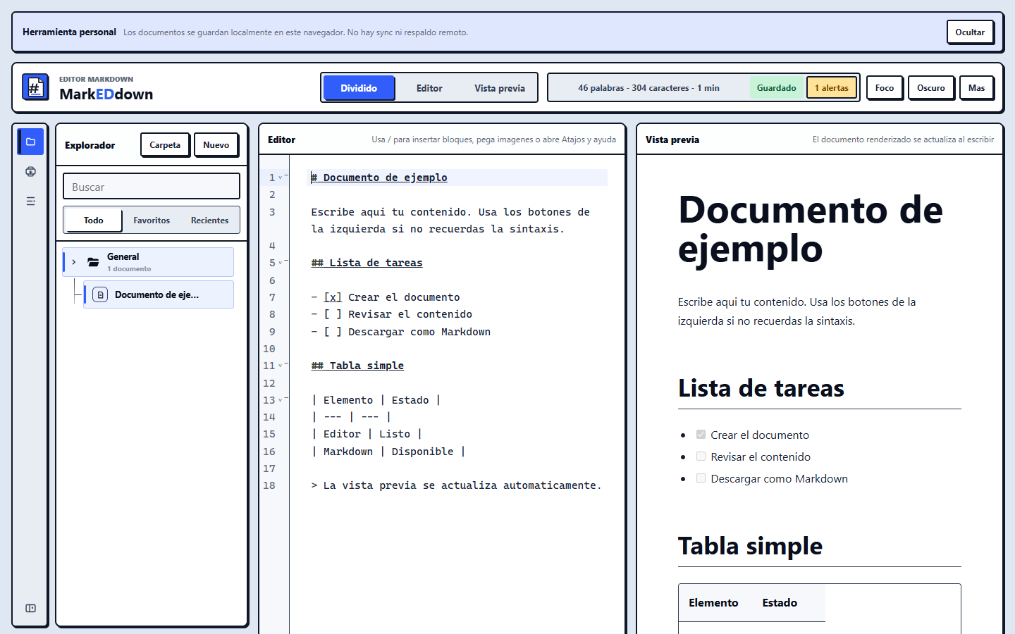 Editor markEDdown con explorador de documentos, área de escritura y vista previa