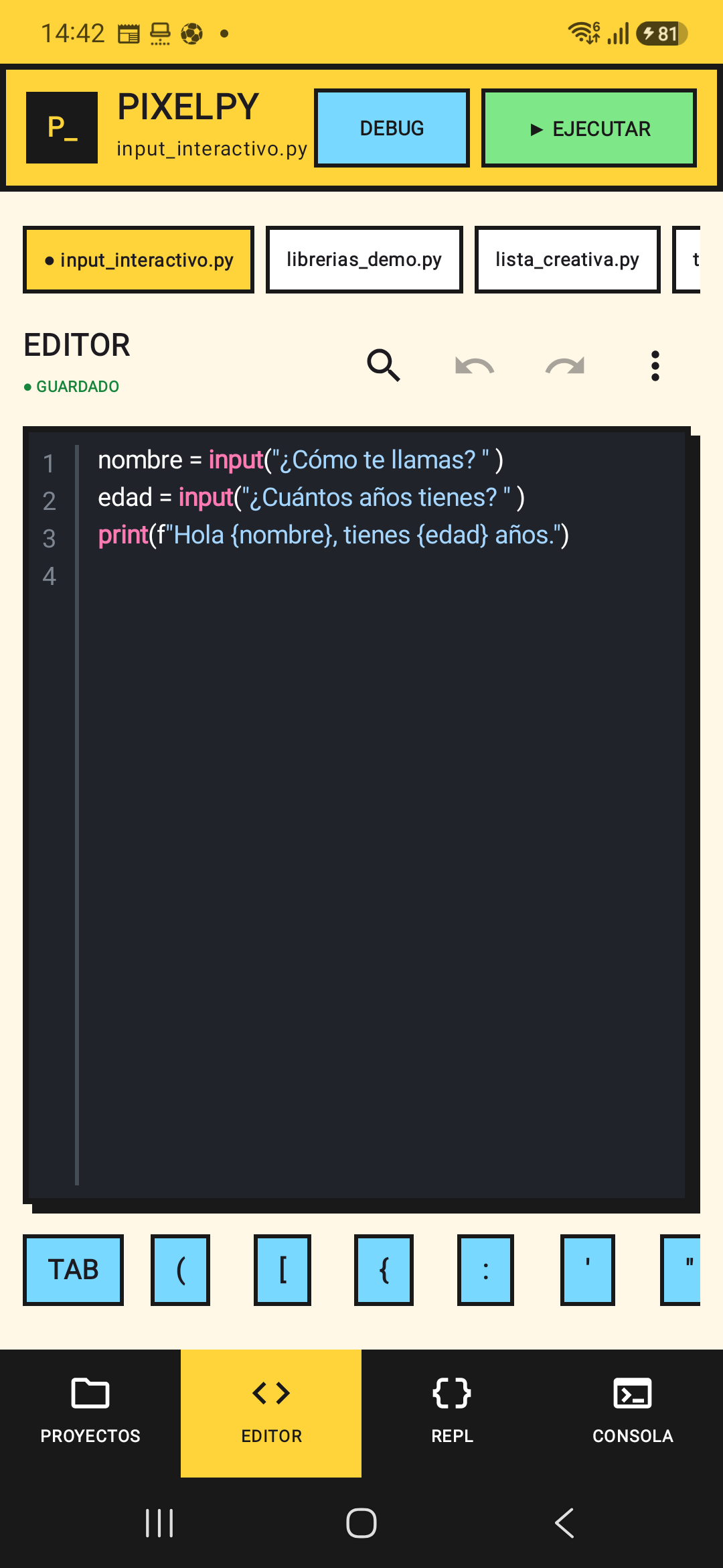 PixelPy Python code editor on an Android phone