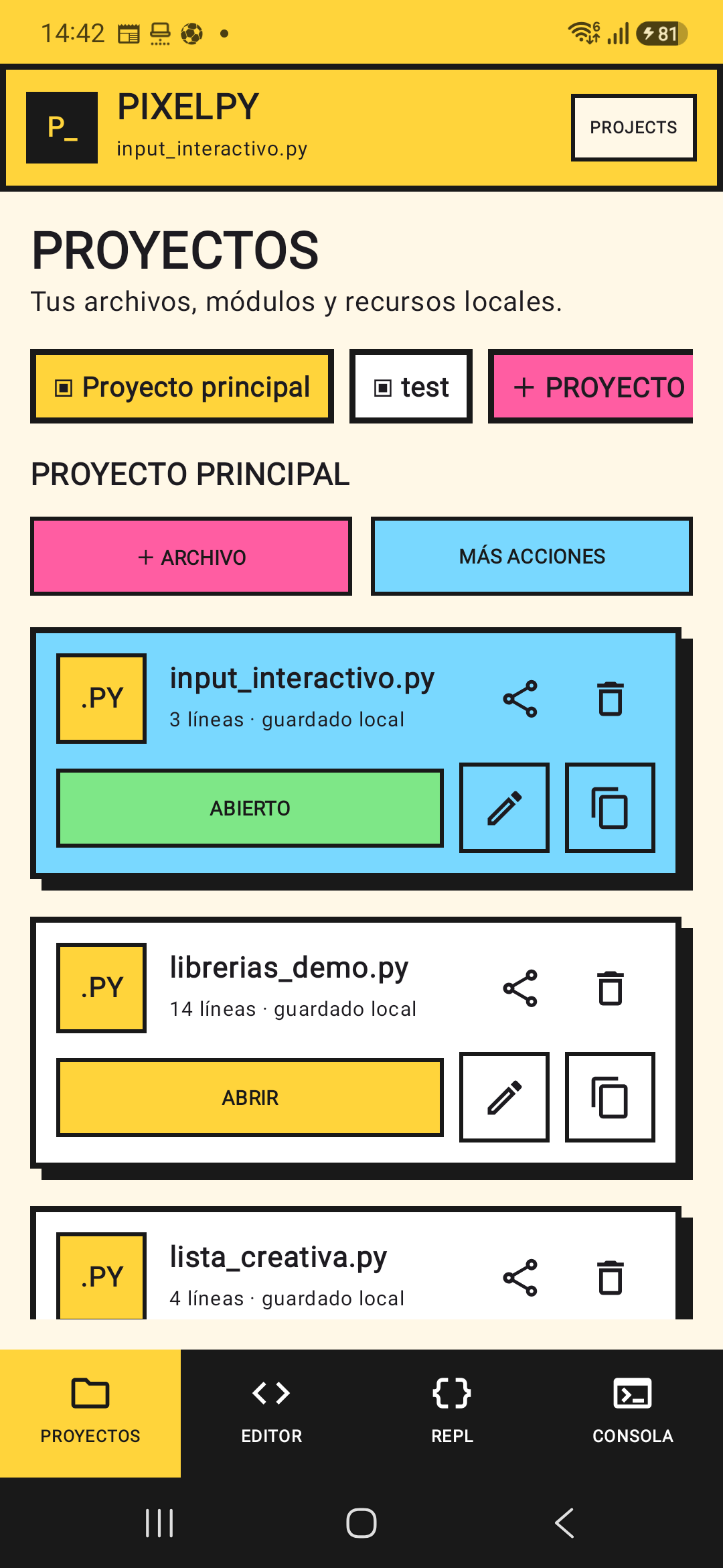 PixelPy project screen on Android
