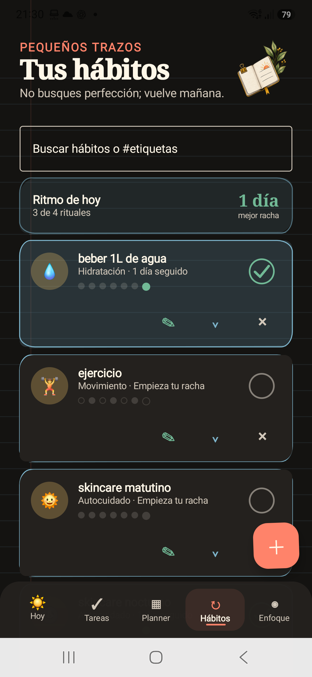 Vista de hábitos de Trazo en modo oscuro